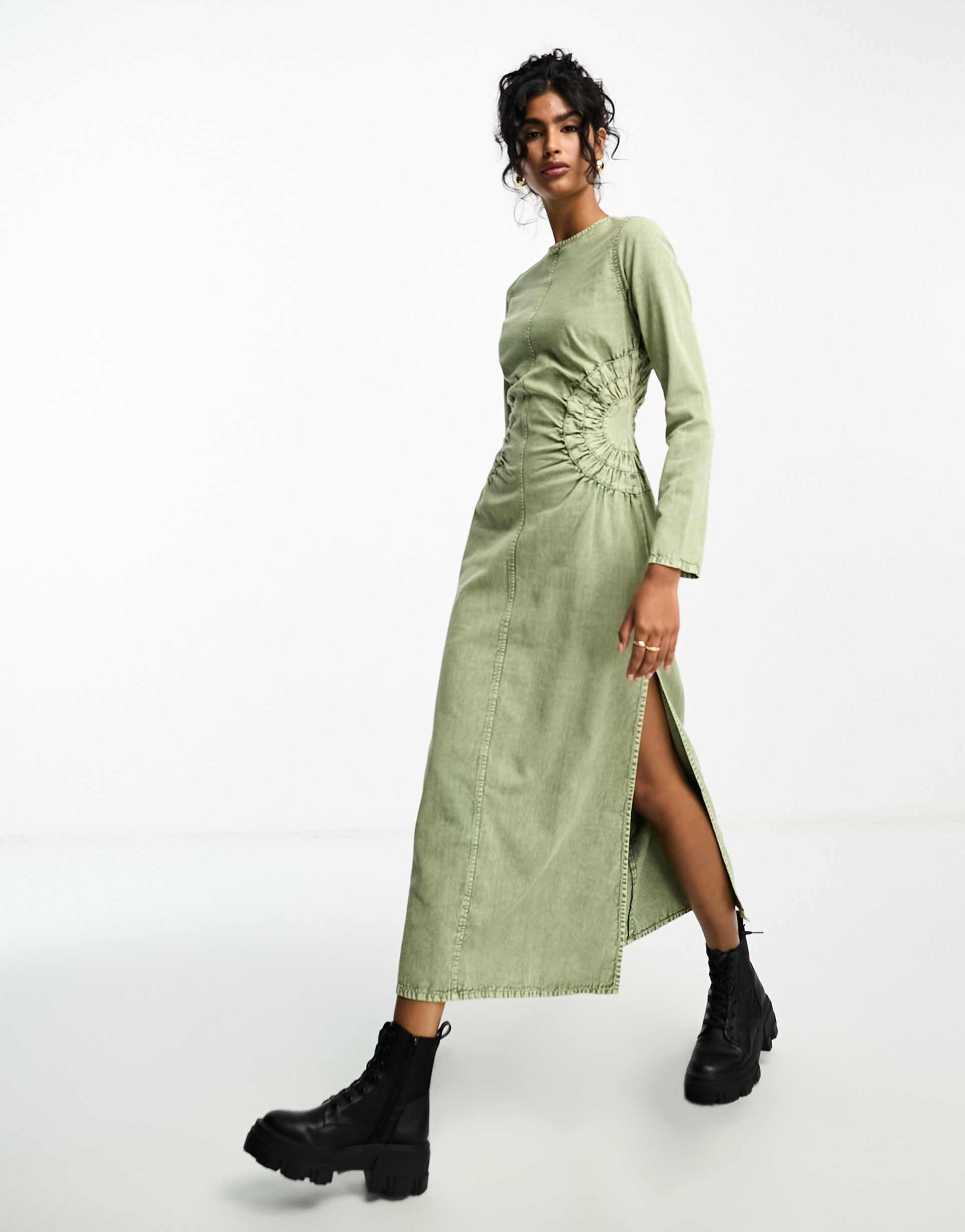 asos design washed twill midi dress with circle side detail in acid wash green