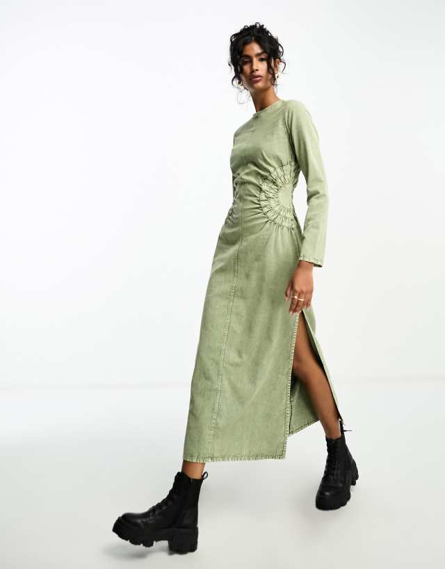 ASOS DESIGN washed twill midi dress with circle side detail in acid wash  green | ASOS