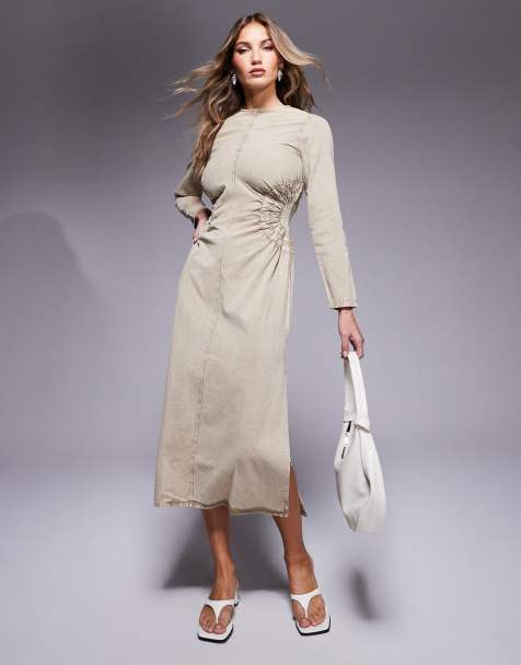 ASOS DESIGN washed twill midi dress with circle side detail in stone acid wash - view 1