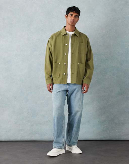 ASOS DESIGN washed twill worker jacket in khaki