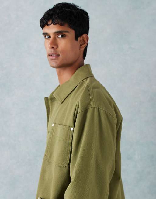ASOS DESIGN washed twill worker jacket in khaki