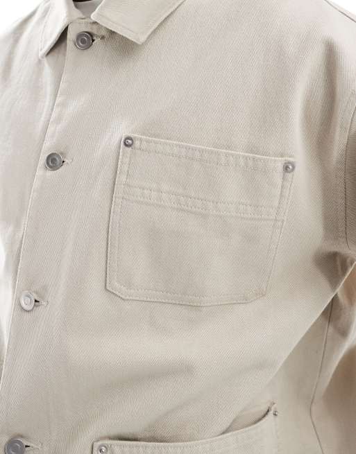 ASOS DESIGN washed twill worker jacket in stone