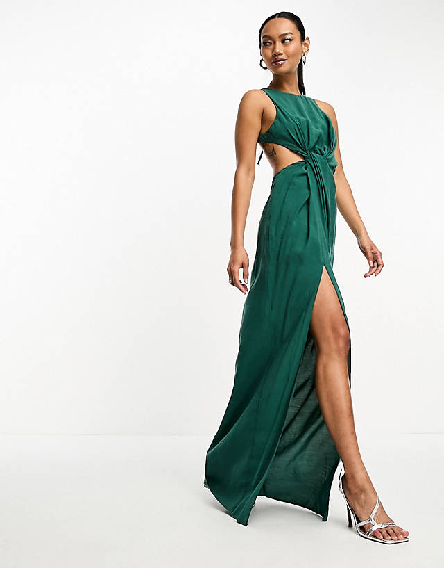 ASOS DESIGN - washed twist side waist maxi dress with cut out back in forest green