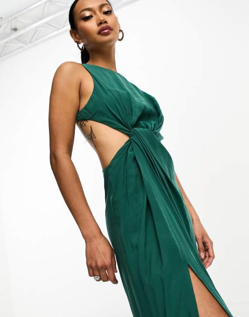 ASOS DESIGN washed twist side waist maxi dress with cut out back in forest  green