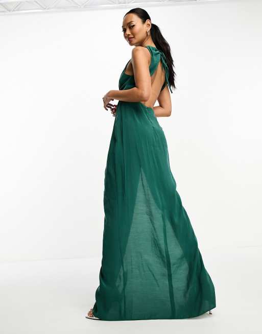 ASOS DESIGN washed twist side waist maxi dress with cut out back in forest  green