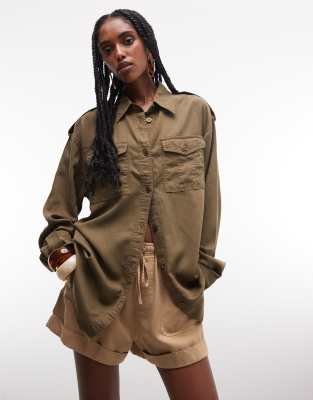 Asos Design Washed Utility Shirt With Pocket Detail Co-ord In Brown