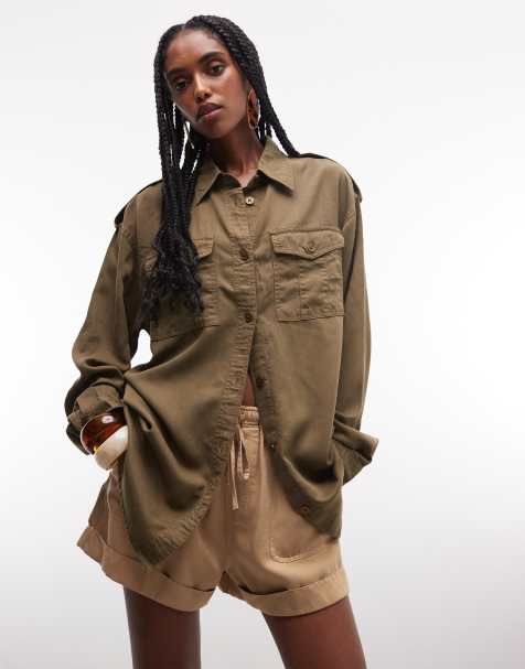 ASOS DESIGN washed utility shirt with pocket detail co-ord in khaki - view 1