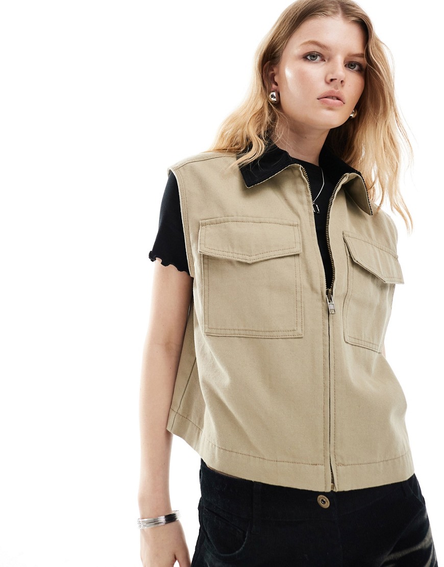 Asos Design Washed Vest With Cord Collar In Stone-neutral