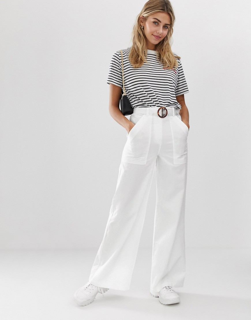 ASOS DESIGN washed wide leg flare trouser with belt-Cream