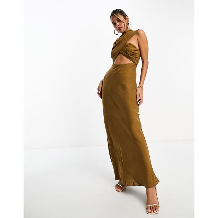 ASOS DESIGN linen square neck maxi dress with cut out tie back in  terracotta