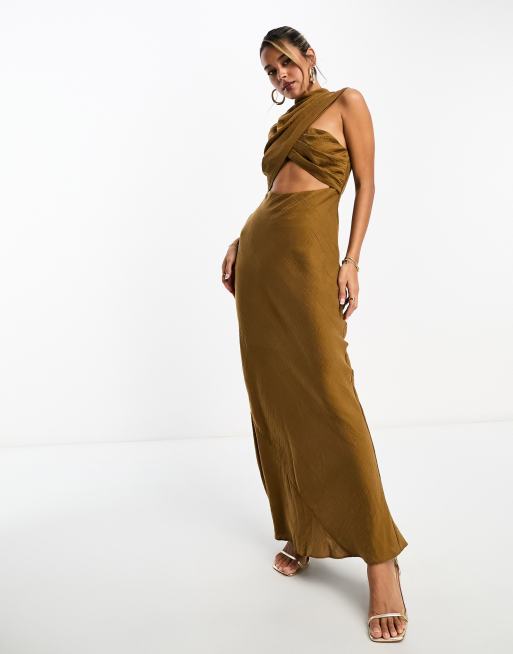 ASOS DESIGN washed wrap neck maxi dress with cut out waist detail in tan