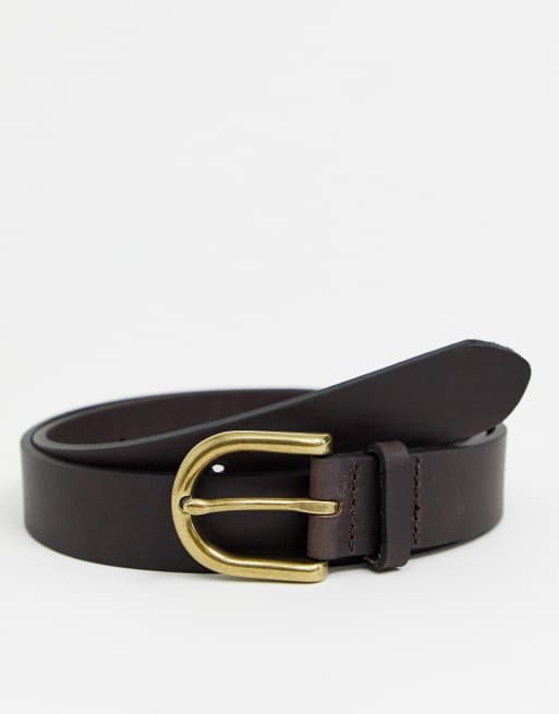 ASOS DESIGN – Wąski brązowy skórzany pasek z klamrą w stylu vintage w kolorze złota
