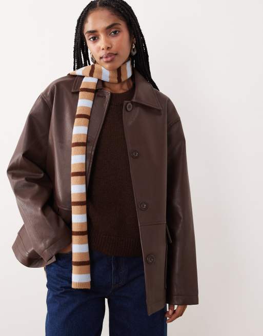 ASOS DESIGN – Wąski dzianinowy szalik w czekoladowo-jasnoniebieskie paski