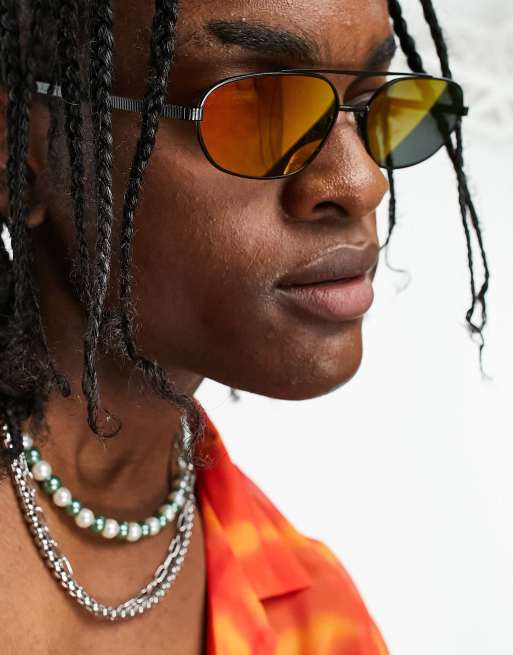 ASOS DESIGN – Wąskie czarne okulary przeciwsłoneczne typu aviator z różowymi lustrzanymi soczewkami 