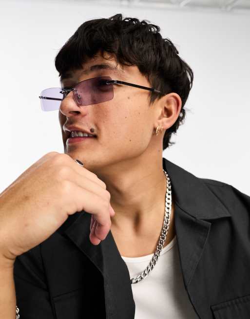 ASOS DESIGN – Wąskie okulary przeciwsłoneczne w kolorze srebra bez oprawek z liliowymi soczewkami