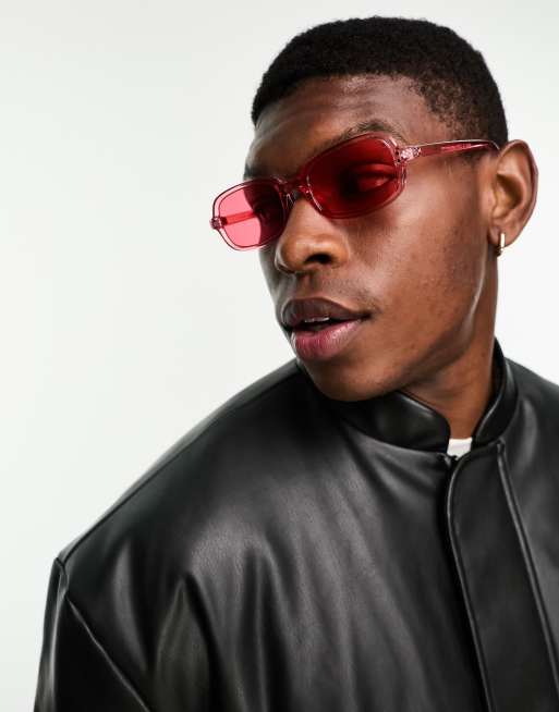 ASOS DESIGN – Wąskie prostokątne okulary przeciwsłoneczne z przezroczystymi różowymi oprawkami i różowymi soczewkami