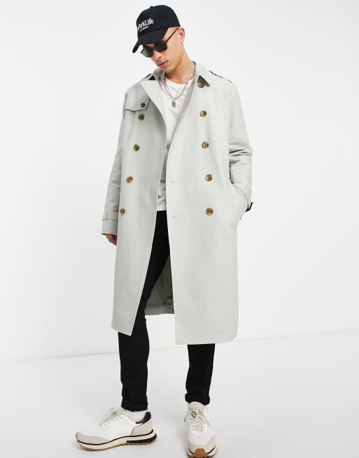 ASOS DESIGN – Wasserabweisender, lang geschnittener Trenchcoat in Grau mit Gürtel
