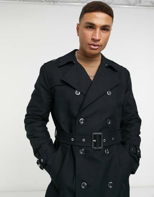 ASOS DESIGN Wasserabweisender langer Trenchcoat mit Gurtel in Schwarz