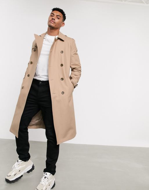 Asos Design Wasserabweisender Langer Trenchcoat Mit Gurtel In Stone Asos