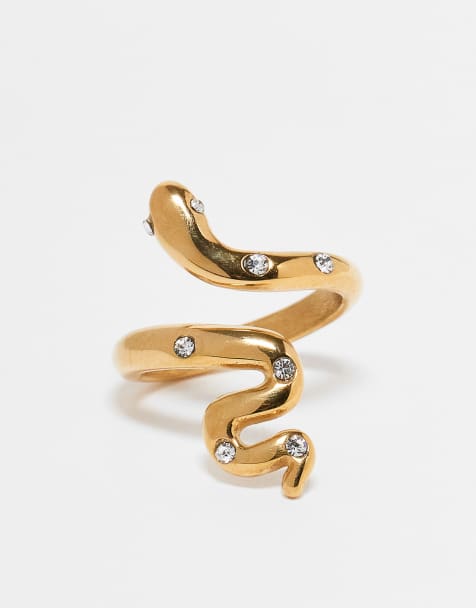 ASOS DESIGN – Wasserfester Ring aus Edelstahl in Goldoptik mit schlangenförmigem Wickel-Design und Kristallbesatz - view 1