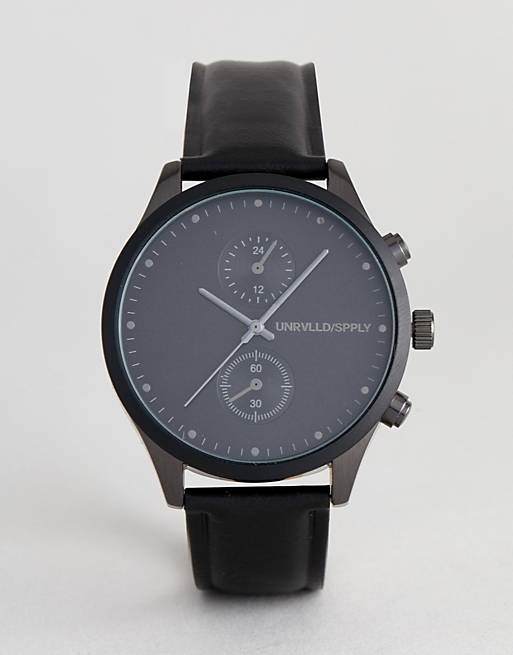 ASOS DESIGN watch in black and gunmetal with sub dials