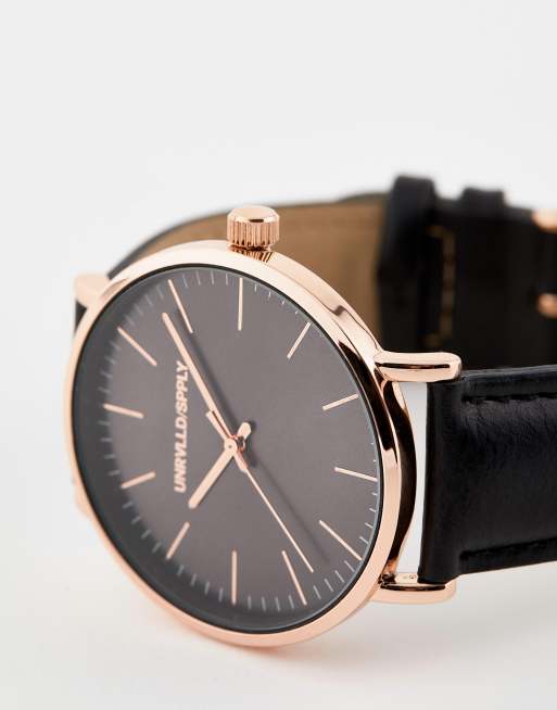 ASOS DESIGN watch in black with rose gold case