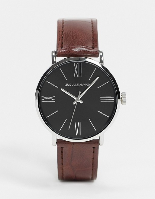 ASOS DESIGN classic watch with faux croc strap in brown