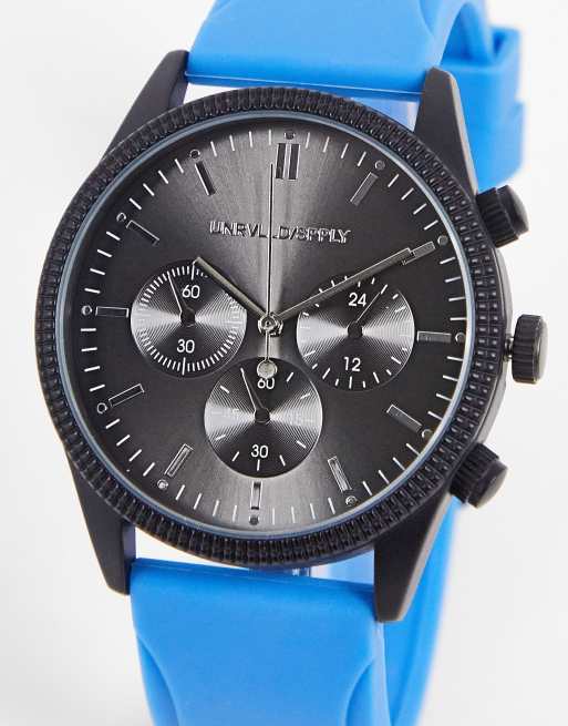 ASOS DESIGN watch with black face and rubberised blue sport strap