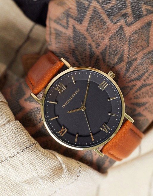 ASOS DESIGN watch with brown strap and gold case