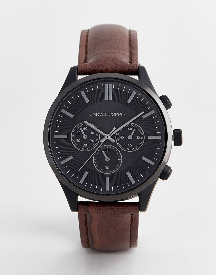 ASOS DESIGN watch with crocodile emboss strap and contrast black case-Brown