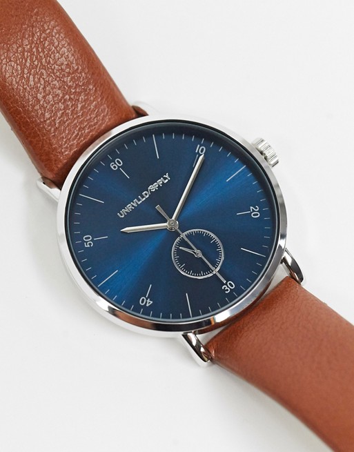 ASOS DESIGN classic watch with blue face and faux leather strap in brown