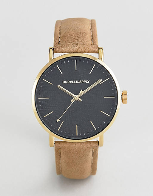 ASOS DESIGN watch with moving arrow hand in brown and gold