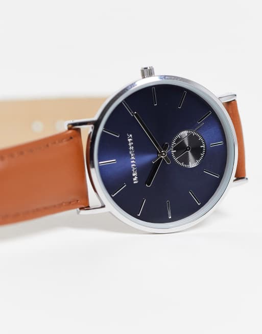 ASOS DESIGN watch with navy face and faux leather strap in tan