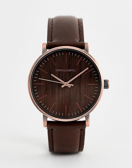 ASOS DESIGN watch with wood effect and brushed copper finish