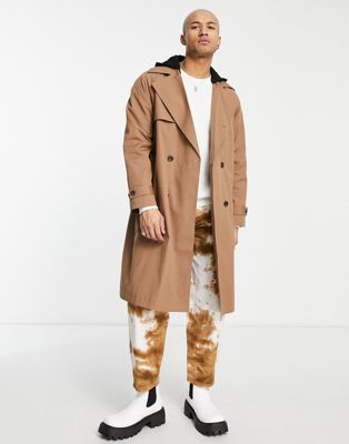ASOS DESIGN water resistant oversized trench coat in stone with jersey hood
