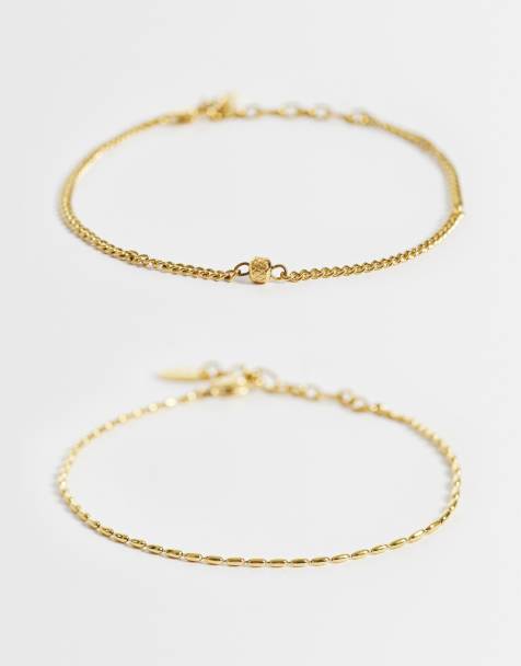 ASOS DESIGN waterbestendige roestvrijstalen set van 2 skinny armbanden met afgeronde kralenschakel en curb chain in goud - view 1