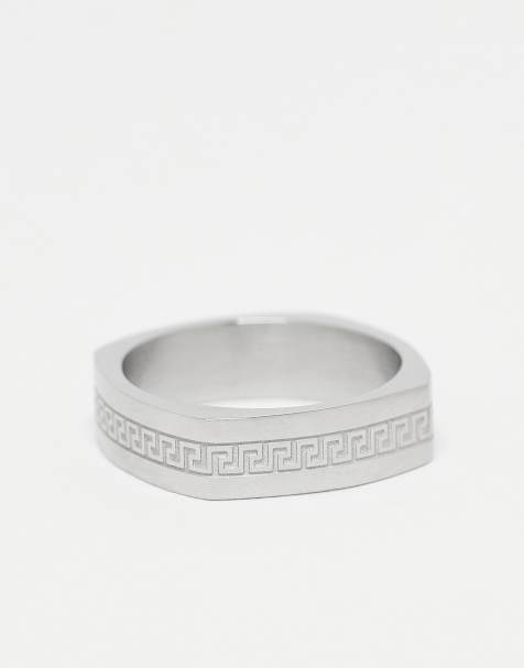 ASOS DESIGN - Waterbestendige roestvrijstalen vierkante ring met Grieks reliëfdesign in zilver - view 1