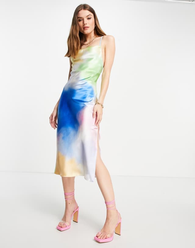 ASOS DESIGN watercolor satin cowl neck midi dress