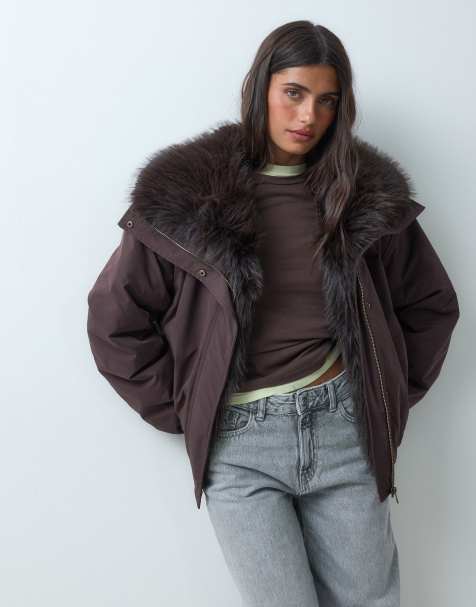 ASOS DESIGN waterfall bomber jacket with chocolate faux-fur trim in chocolate - view 1