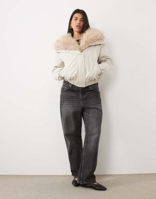 ASOS DESIGN waterfall bomber jacket with natural faux-fur trim in cream, 3 of 4