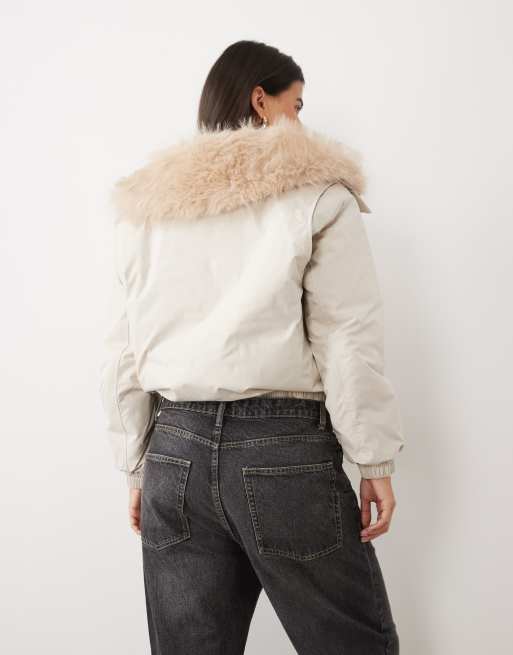 ASOS DESIGN waterfall bomber jacket with natural faux-fur trim in cream, 4 of 4