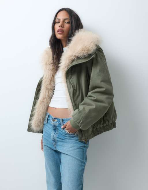 ASOS DESIGN waterfall bomberjakke i imiteret pels og bomuld i salviegrøn, 4 af 4
