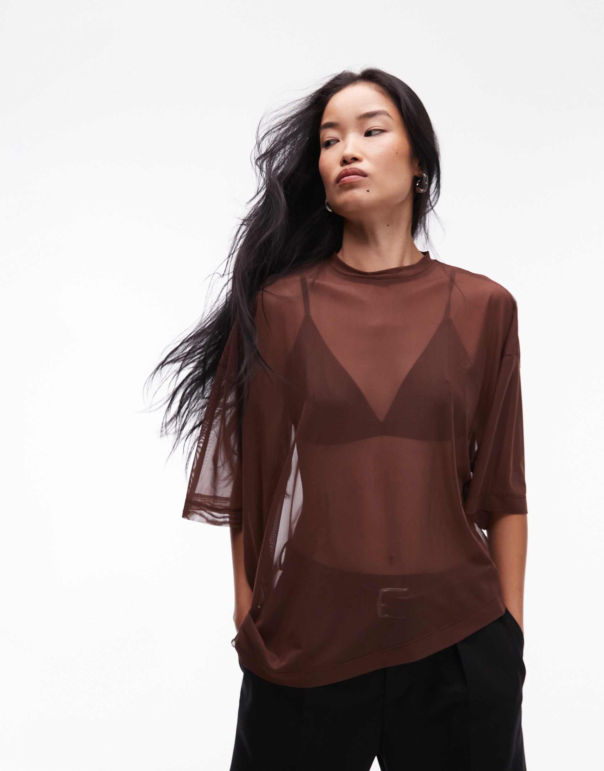 asos design waterfall boxy mesh tee in brown