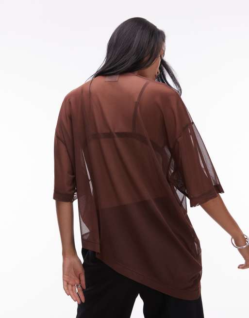 ASOS DESIGN waterfall boxy mesh tee in brown