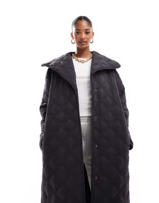 Asos Design Waterfall Collar Double Stitch Quilt Longline Coat In Black