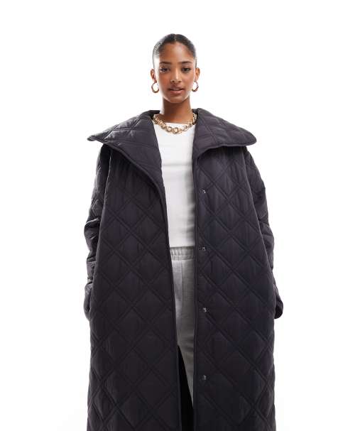 ASOS DESIGN waterfall collar double stitch quilt longline coat in black - view 1