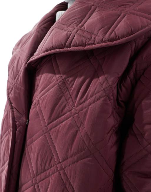 ASOS DESIGN waterfall collar quilt longline coat in burgundy, 3 of 4