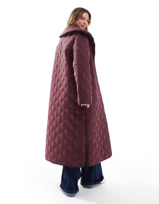ASOS DESIGN waterfall collar quilted longline coat in burgundy, 2 of 4