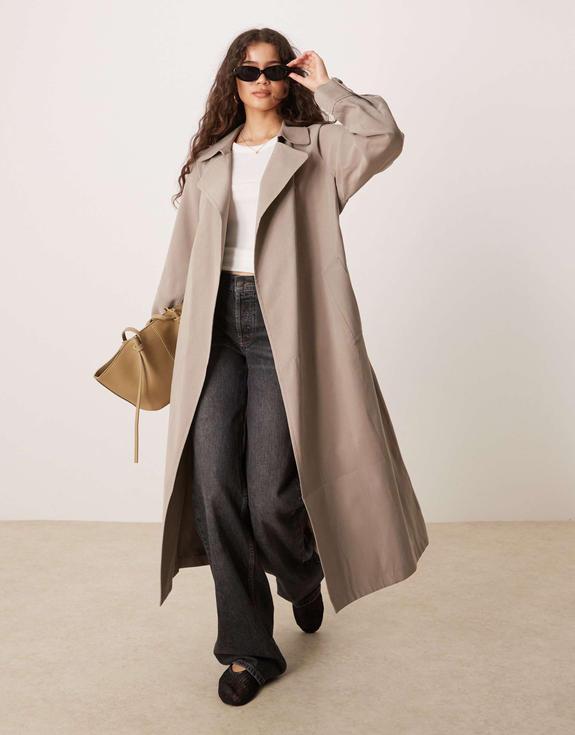 asos design waterfall collar trench coat in mushroom
