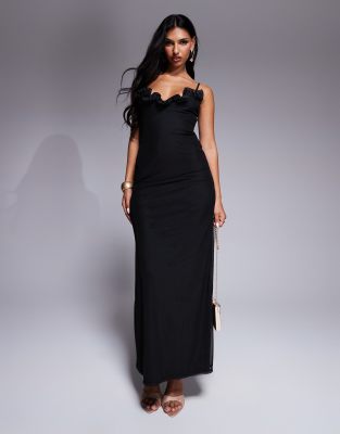 Asos Design Waterfall Corsage Trim Detail Mesh Midi Dress In Black